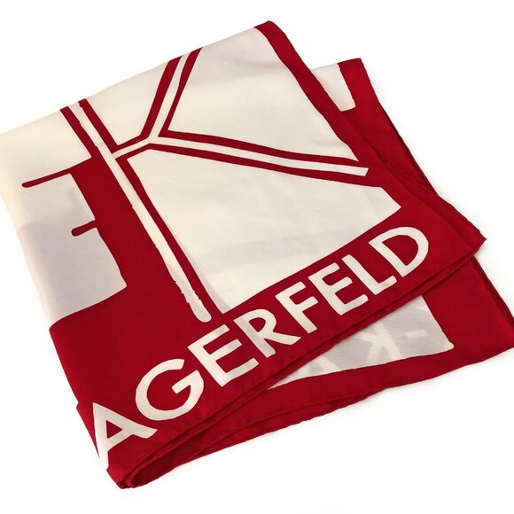 KARL LAGERFELD Red and White Graphic Print Hand Rolled Silk Designer Scarf - Picture 4 of 6